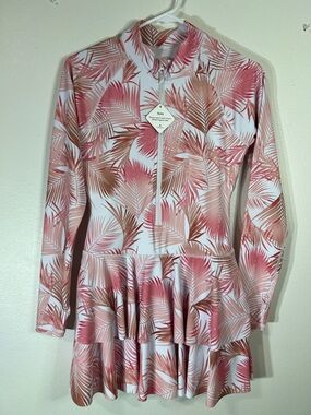 Tropical Palm Print Long Sleeve Zip Swim Dress
